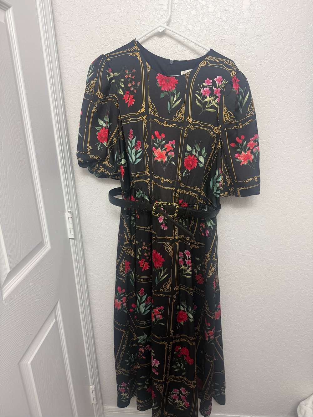 Taylor Black Floral Midi Dress with Belt